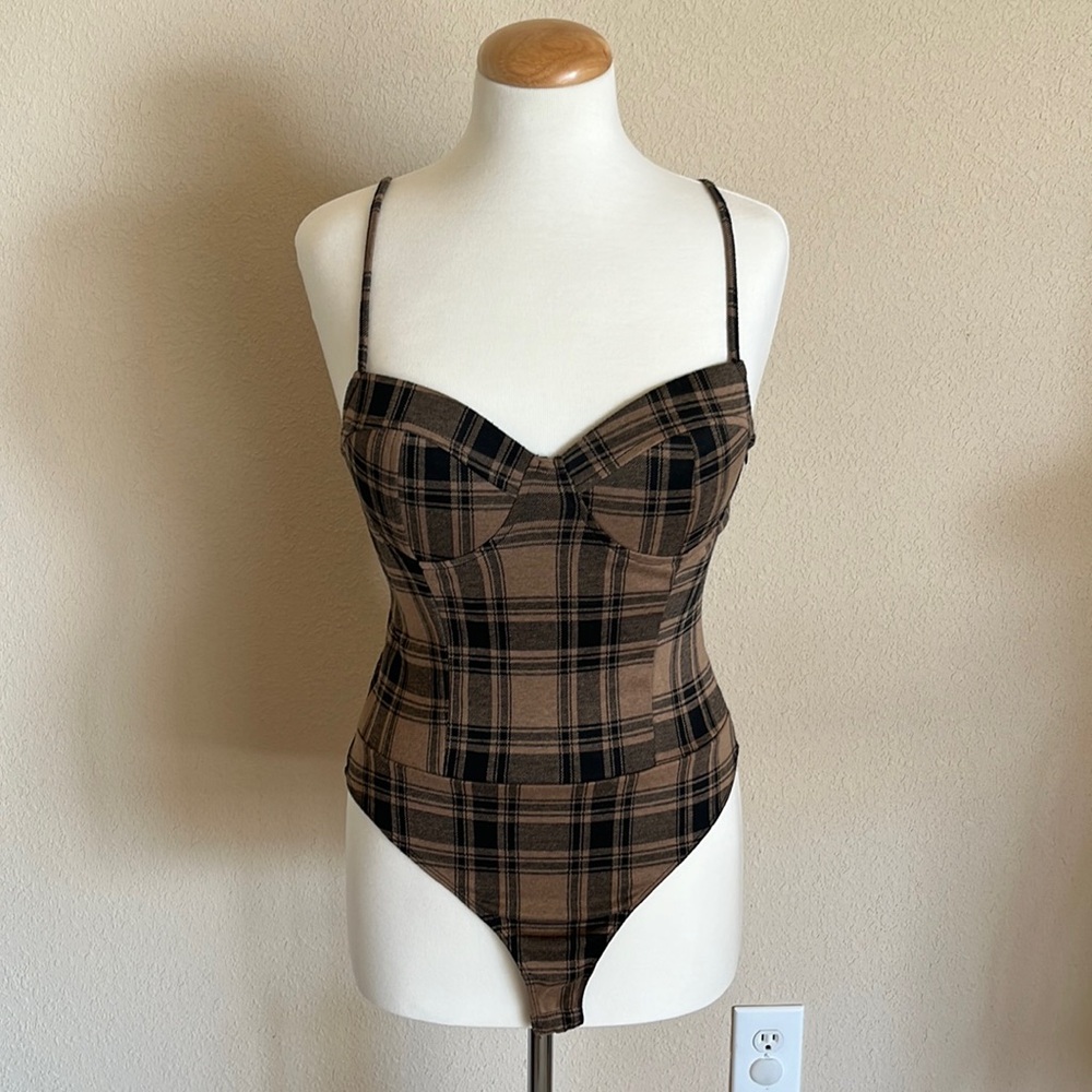 Haute Monde Medium Nude-Brown/Black Plaid Bodysuit